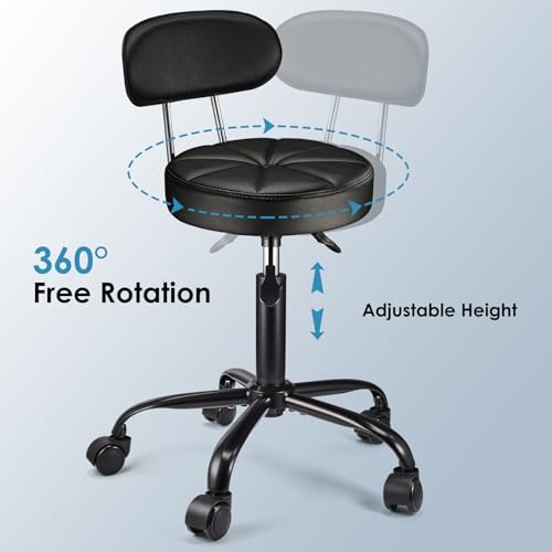 FNZIR PU Leather Rolling Stool with Back Support Height Adjustable Swivel Stool Chair with Wheels Drafting Chair for Spa Slaon Massage Stable Base Foot Black FNZIR