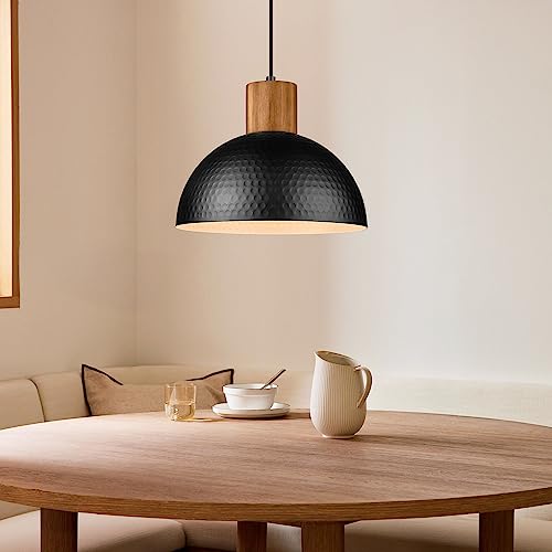 ELYONA Industrial Pendant Light, Rubber Wood Dome Hanging Lamp with 12" Hammered Metal Shade, Modern Pendant Light Fixtures for Kitchen Island, Bar, Farmhouse Dining Room, Bedroom, Hallway - Black ELYONA