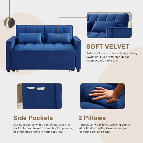 SumKea 55'' 3-in-1 Sleeper Loveseat, 2-Seater Pull Out Couch, Velvet Futon Sofa Adjustable Backrest, Reclining Sofa Bed with Pillows, Pockets, Perfect for Small Spaces, Living Room Furniture, Blue SumKea