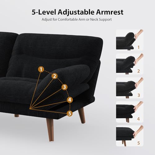 Pipishell Futon Sofa Bed, Modern 66" Futon Couch Convertible to Bed & Lounger, Compact Size, Corduroy Loveseat, Durable Construction - Fits Small Spaces, Apartments,Study Room(Ink Black, 66 Inch) Pipishell