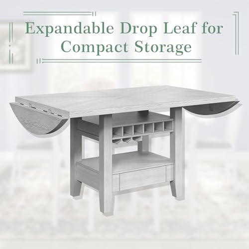 Peatuk Solid Wood Dining Table Set for 6, Modern Breakfast Dinette Expandable Drop Leaf Kitchen Table with Chairs for Dining Room, Kitchen, Grey Peatuk