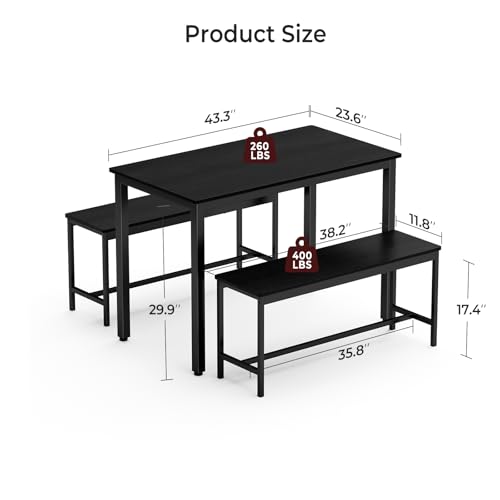 Tatub Dining Table Set for 4, 3-Piece Kitchen Table with 2 Benches, Space-Saving Dining Room Set for Breakfast Nook and Small Spaces, Black Tatub
