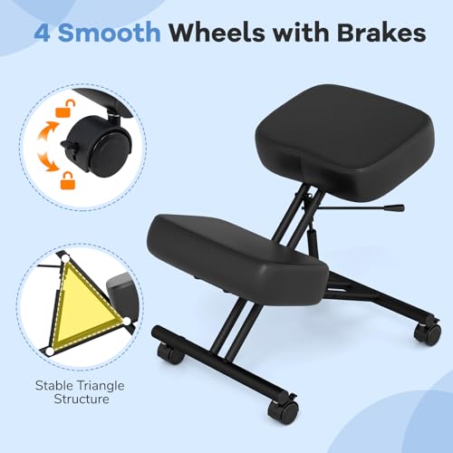 Goplus Kneeling Chair, Upholstered Mobile Desk Chair w/Adjustable Height, Thickened Sponge Cushion, 4 Lockable Universal Wheels, Office Home Padded Stool with Angled Seat, Black (1) Goplus