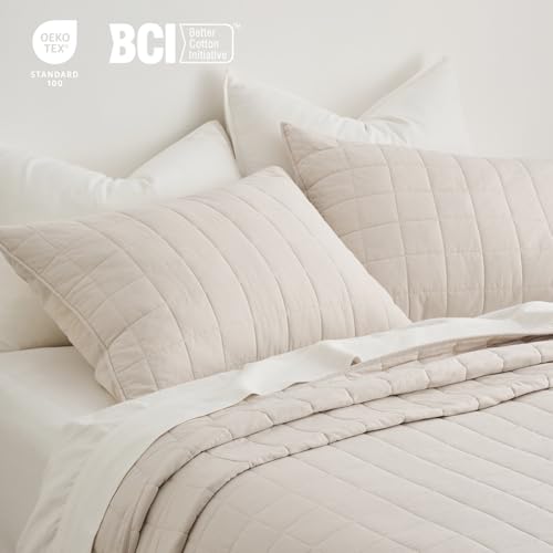 EVERGRACEHOME 100% Cotton Box Stitch Quilt Bedding Set King Size 3 Pieces, Garment-Washed Lightweight Soft Cozy Coverlet, Oversized Quilted Bedspread Sets with 2 Shams for All Season, Birch EVERGRACEHOME
