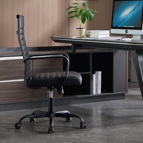 Haranuo Conference Room Chairs, Ergonomic Executive Office Chair, Ribbed Leather Desk Chair with Lumbar Support, Adjustable Height Mid-Back Swivel Chair with Padded Seat Haranuo