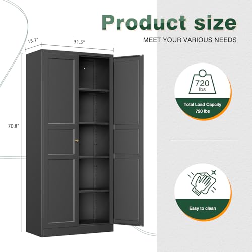 Letaya Black Storage Cabinet with Adjustable Shelves-Metal Home Kitchen Pantry Cabinets with Doors,Organization Locker for Cupboard/Bedroom/Dining/Living/Bathroom/Office/Garage Room Letaya