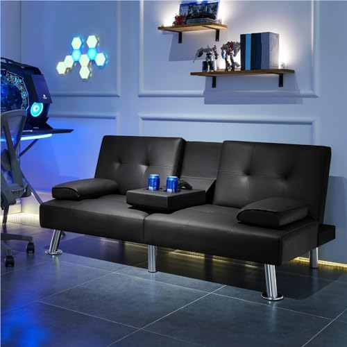 Convertible Folding Futon Sofa Bed Sleeper Couch for Living Room, Modern Faux Leather Upholstered Loveseat w/Removable Armrests, Metal Legs, 2 CupHolders, Love Seat Sofa Bed for Small Spaces (Black) anwickjeff