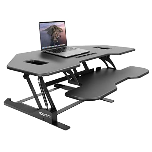Mount-It! Corner Standing Desk Converter Height Adjustable 43” Wide Desktop, Corner Stand Up Desk with Gas Spring Lift Asssit, Stand Up Computer Workstation with Ergonomic Keyboard Tray | Black Mount-It!