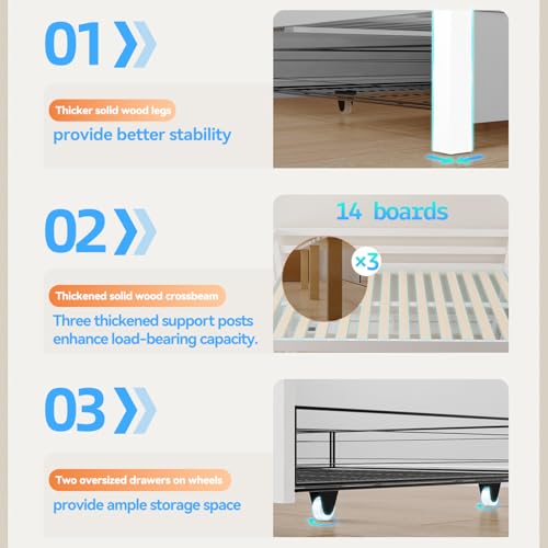 FJTJBSI Solid Wood Bunk Bed with Charging Station and LED Lights Detachable Bunk Bed Twin Over Twin with 2 Storage Drawers Full Size Bed Frame with Guardrail and Ladder for Kids Adults Bedroom FJTJBSI