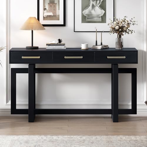 Contemporary Modern Entryway Console Table 57-Inch Extra Long Entry Sofa Table with Storage Drawers for Living Room Hallway, Black Amposei