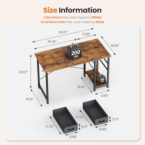Sweetcrispy 40 Inch Computer Desk with Drawers for Home Office, Writing Desk with X-Shaped Reinforcement, Wood Table with Adjustable Position Drawers, Modern Study Work Table with Side Hook, Rust Sweetcrispy