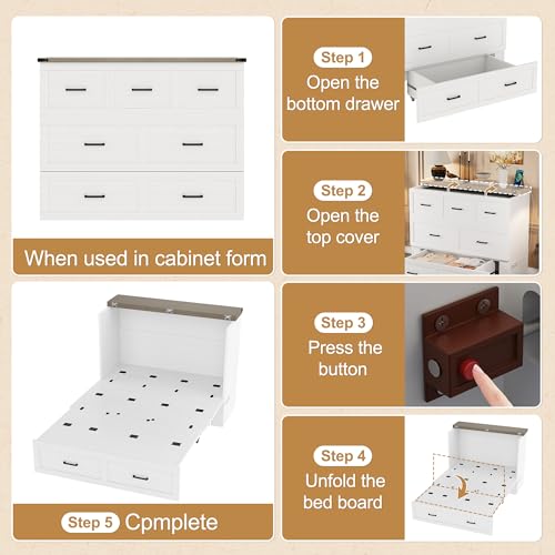 Merax Full Size Murphy Bed with Charging Station, Multi-Functional Foldable Platform Bed with 1 Large Storage Drawer for Guest Room, Small Bedroom, White Merax