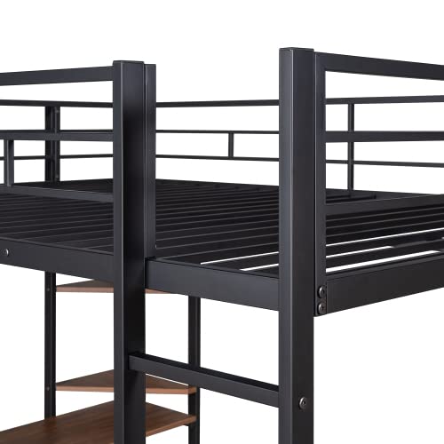 Bellemave Full Size Loft Bed with Desk and 2 Shelves, Metal Loft Bed Frame with 2 Ladders and Guardrails for Kids Teens (Black/Full) Bellemave