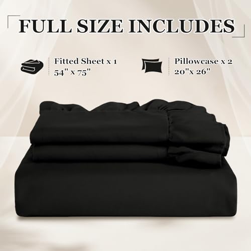 KKJIAF Full Fitted Bed Sheets with 2 Ruffle Pillowcases, Brushed Microfiber Fitted Sheet with 16 Inches Deep Pocket, Comfy Breathable Bed Sheets, Black (No Flat Sheet) KKJIAF