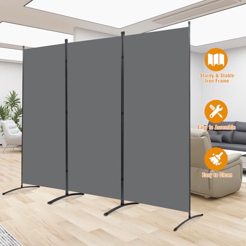 6 FT Tall Room Divider Screen Fabric Wall Divider with Metal Frame, 3 Panel Folding Privacy Screens, Portable Room Divider Panel, Freestanding Room Divider Partition for Office Bedroom Study, Grey CHOSENM