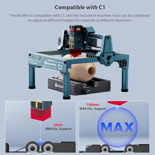 SCULPFUN C1 Mini Laser Engraver with SCULPFUN RA Mini Rotary Roller, 3W Portable Engraving Machine, 0.04mm Ultra-Fine Spot, 150x130mm Engraving Area, Works on Wood, Leather, Paper, Slate SCULPFUN