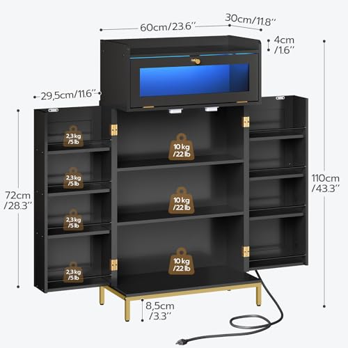 HOOBRO Pantry Cabinet with Charging Station, Kitchen Pantry Cabinet with LED Light and Storage Shelves, Kitchen Pantry with Acrylic Drawer Door for Kitchen, Dining Room, Black and Gold DB22UDPC01 HOOBRO