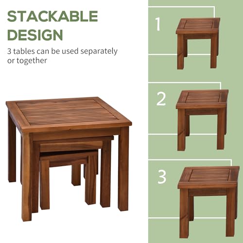 Outsunny 3 Piece Outdoor Side Nesting Table Patio Set with Acacia Wood Build & Multi-Functional Design Outsunny