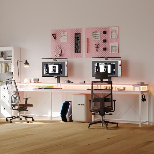 LALFPET U-Shaped Desk with Power Outlets & LED Lights - 79" Reversible Corner Computer Desk with Monitor Stand and Storage Shelf for Home Office, Gaming, and Two-Person Use, Pink LALFPET