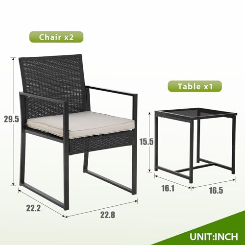 PayLessHere 3-Piece Rattan Wicker Bistro Set Outdoor Conversation Set Sturdy Frame Wicker Furniture with 2 Chairs Cushions Tempered Glass Table for Poolside Balcony Patio Bar Garden (Khaki) PayLessHere