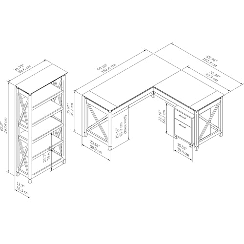 Bush Furniture Key West 60W L Shaped Desk Set with Mobile File Cabinet & Tall Bookcase in Washed Gray Bush Business Furniture