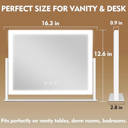 ROLOVE Lighted Makeup Mirror 16.3"x12.6", Hollywood Vanity Mirror with 10X Magnifier, 3 Color LED Lighting Modes, Smart Touch Control & 360° Rotation, Tabletop Makeup Mirror (White, Gift Ready) ROLOVE