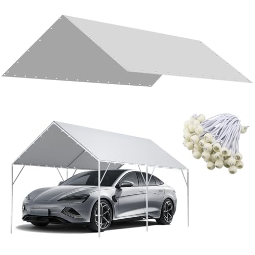 ZAZTLL 10 x 20 Ft Carport Replacement Canopy Cover Garage Top Tent Shelter Tarp,200G Heavy Duty Car Port Canopy Tent,Grey Waterproof & UV Protected Tarp with 50 Ball Bungees (Frame Not Include) ZAZTLL