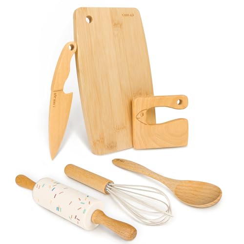 LUOLAO Wooden Kids Safe Knife and Kids Baking Set for Real Cooking, 6 PCS Toddler Montessori Kitchen Tools, Cooking and Baking for Kids Little Chefs LUOLAO