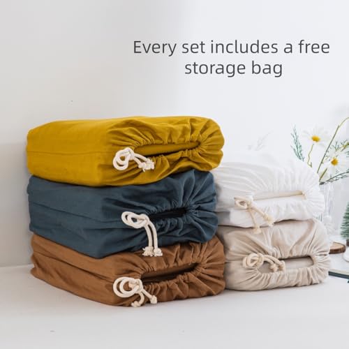 DAUAOTO King Size Linen Blend Sheets Set, 55% Linen 45% Cotton Bedding Sets, Bedlinen Up to 16" Deep, White DAUAOTO