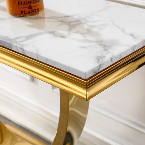 Goderfuu 47" White Marble Console Table, Rectangular Faux Marble Sofa Table, Luxury Entryway Narrow Long Hallway, Modern Living Room With Gold Stainless Steel I-Base Goderfuu