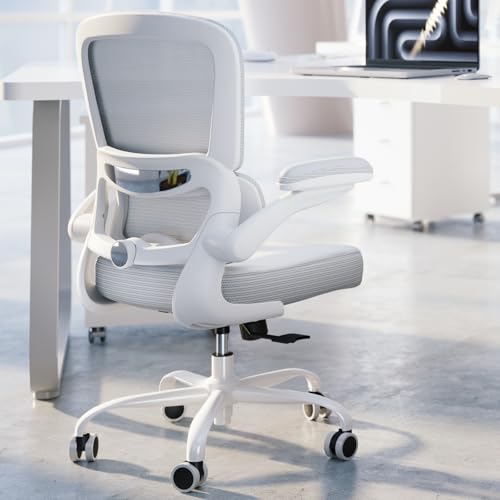 TRALT Ergonomic Office Chair - Desk Chair with Adjustable Lumbar Support Computer Chair - Mesh Comfy Chair with Flip-up Armrests - Gaming Chairs for Adults Home Office (Leather, White) TRALT