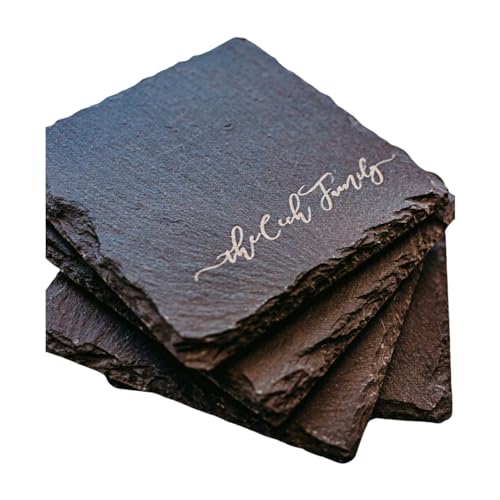 Engraved Slate Coasters for Drinks Custom Coaster Set Monogrammed Initial Name Personalized Gift for Couples Handmade by The Painted Pug (Engraved Slate) The Painted Pug