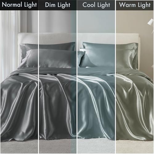 Madison Park Satin Sheets Split King Size, Luxurious Silky Bed Sheets, Elastic 14" Pocket fits up to 16" Mattress, Wrinkle-Free, Soft Satin Bed Sheet Set, Grey 7 Piece Madison Park