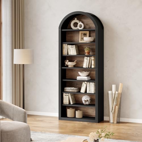 LITTLE TREE 8-Tier Bookcase, 78.7" Tall Bookshelf with Arched Top, Large Freestanding Wooden Open Bookcase Bookshelf, Modern Book Shelf Organizer for Living Room, Bedroom, Office, Library, Black Brown LITTLE TREE