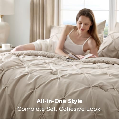 Bedsure Queen Comforter Set Beige - Bed in a Bag Queen Size Bedding 7 Pieces, GentleSoft™ Pintuck Bed Set Gift for Family, Pinch Pleat All Season Comforter with Sheets, Pillowcases & Shams Bedsure