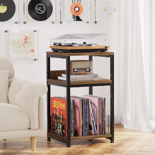 Simple Trending Record Player Stand, 3 Tiers Side Table, Compact Turntable Stand Record Table, Hold Up to 100 Albums, Rustic Brown Simple Trending