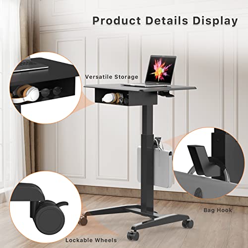 JOY worker Height Adjustable Rolling Laptop Desk with Shelf,Mobile Standing Desk,Pneumatic Mobile Laptop Table with Wheels for Couch Home Office School,Holds Up to 22lbs,Black JOY worker