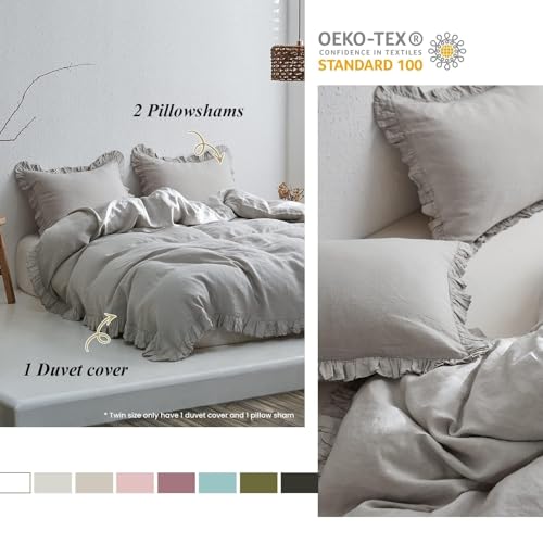 Simple&Opulence 100% Linen Duvet Cover Set, Natural French Flax Light Grey Ruffle Duvet Cover Twin Size, Breathable Comfy Linen Bedding Comforter Cover with 1 Pillowcase (Light Grey, 68" x 86") Simple&Opulence