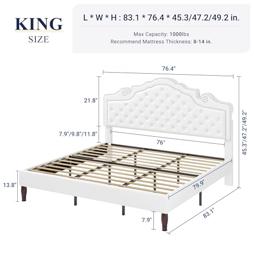 Allewie King Bed Frame with Adjustable Velvet Tiara Headboard, Upholstered Diamond Button Tufted Platform Bed, Wood Slats Support, No Box Spring Needed, Mattress Foundation, Easy Assembly, White Allewie