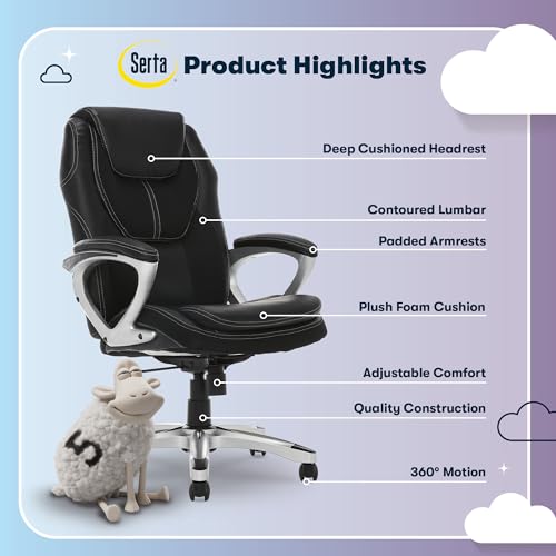 Serta Amplify Executive Office Chair with Faux Leather and Mesh, Adjustable Ergonomic Comfy Seat with Lumbar Support, Modern Computer DeskChairs, Swivel Rolling Wheels, Black Serta