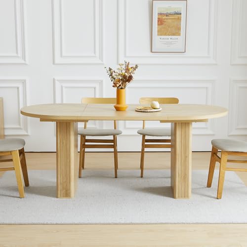 70.8 Inch Kitchen Dining Table for 4-6 People, Oval Kitchen Table with Wood Strip Base, Modern Farmhouse Large Round Dining Room Tables for Living Room (Natural) weselon