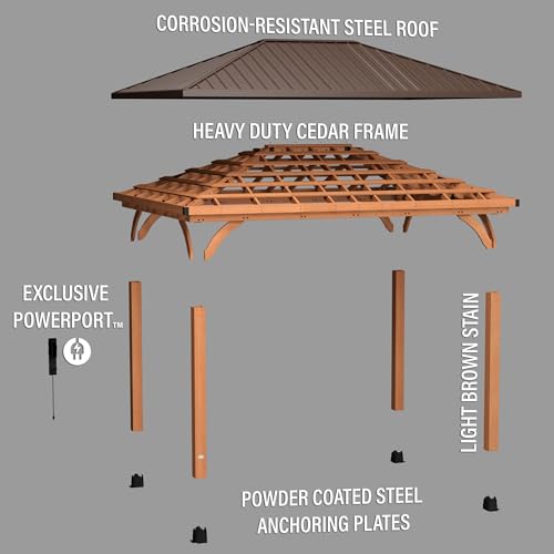 Backyard Discovery Barrington 16 ft. x 12 ft. Hip Roof Cedar Wood Gazebo Pavilion, Shade, Rain, Hard Top Steel Metal Roof, All Weather Protected, Wind Resistant up to 100 mph, Holds up to 7800 lbs Backyard Discovery