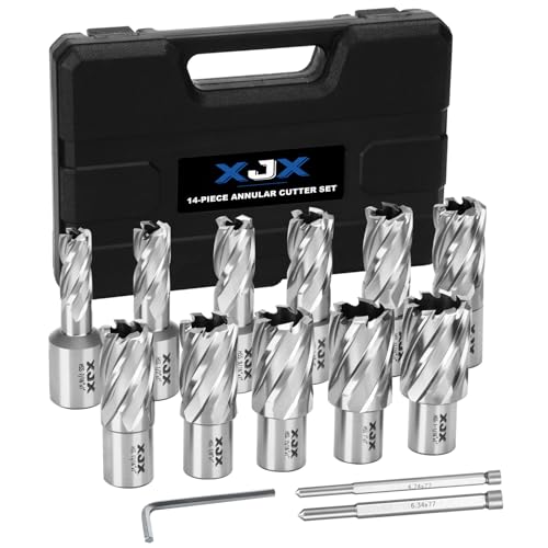 XJX 14 Pcs Annular Cutter Set, 3/4 Inch Weldon Shank 1” Cutting Depth 7/16 to 1-1/16 Inch Cutting Diameter Magnetic Drill Press Bits with 2 Pilot Pin and Hex Wrench XJX