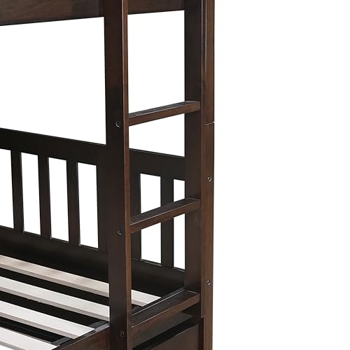 PVWIIK Full Over Full Bunk Bed for Kids Adults Teens Bedroom,Solid Wood Bunk Bed with Trundle & Ladder & Safety Guardrail,Convertible to 2 Separated Bed & No Box Spring Needed, Espresso PVWIIK