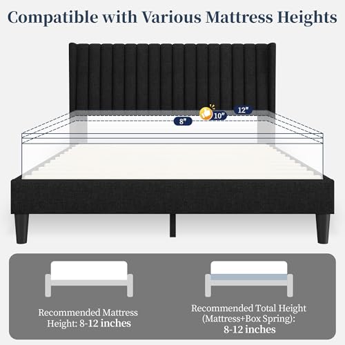 Yaheetech Queen Bed Frame Upholstered Platform Bed with Fabric Headboard, Wing Edge Design/Non-Slip and Noise-Free/Wooden Slats Support/No Box Spring Needed/Easy Assembly, Black Queen Bed Yaheetech