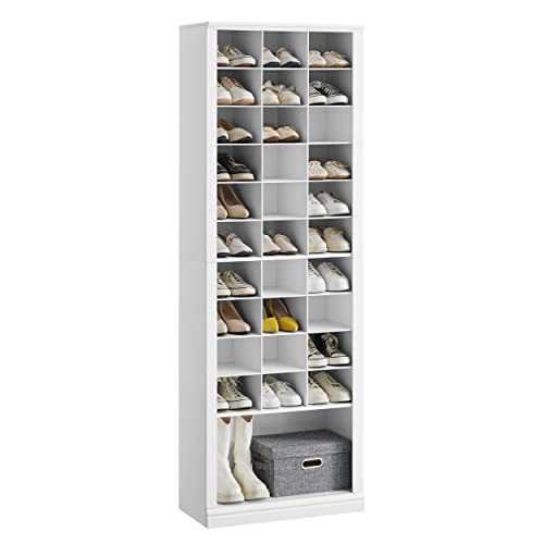 Hzuaneri 11 Tiers Shoe Storage Cabinet, Tall Shoes Cabinet with Cubby, Freestanding Wooden Shoe Organizer, 30-33 Pairs, Shoes Cubby Organizer for Entryway, Bedroom, White 02001BSR Hzuaneri