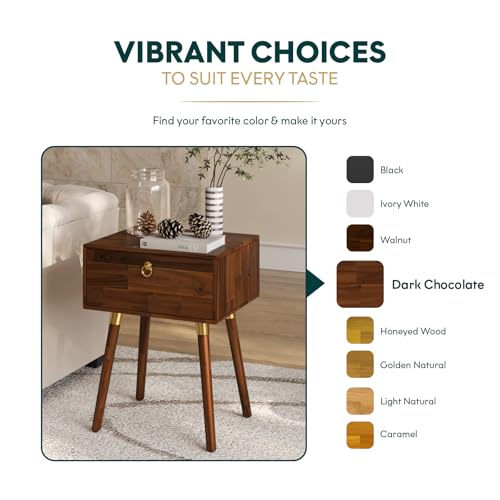 Bme Alden Solid Wood Nightstand/Side Table/End Table, Fully Assembled, with 1-Drawer for Mid Century Bedroom and Living Room, (12mm), Dark Chocolate Bme