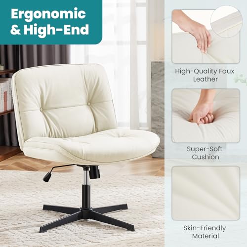OLIXIS Criss Cross Chair Without Wheels, Cross Legged Office Chair, Armless Wide Vanity Desk Chair with Comfy PU Leather& Back - Swivel for Home Office Bedroom, Beige OLIXIS
