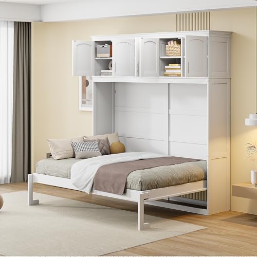 SOFTSEA Full Size Murphy Bed Cabinet with Storage, Solid Wood Murphy Bed with Shelves, Solid Wood Wall Bed Frame can be Folding into a Cabinet, Folding Wall Bed for Guestroom, White SOFTSEA