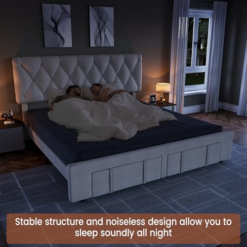 Garvee King Size Bed Frame, Upholstered Platform Bed Frame with Storage Drawers, Mattress Foundation with Solid Wooden Slats Support, No Box Spring Needed, Beige Garvee